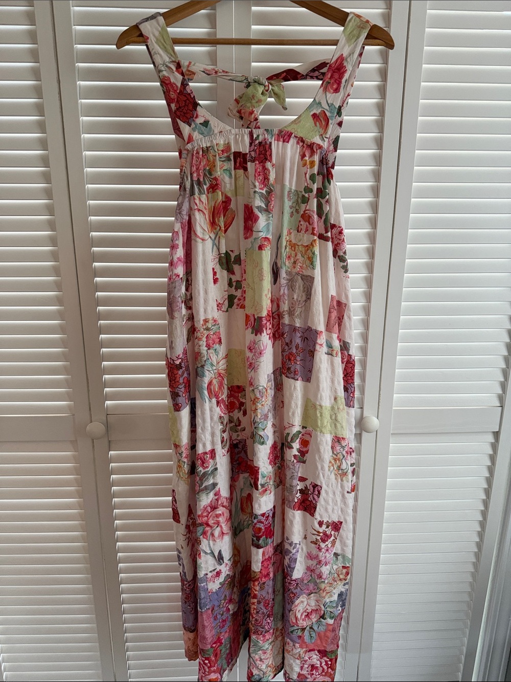 Anthropologie White Maxi Dress with Pink Floral Patchwork